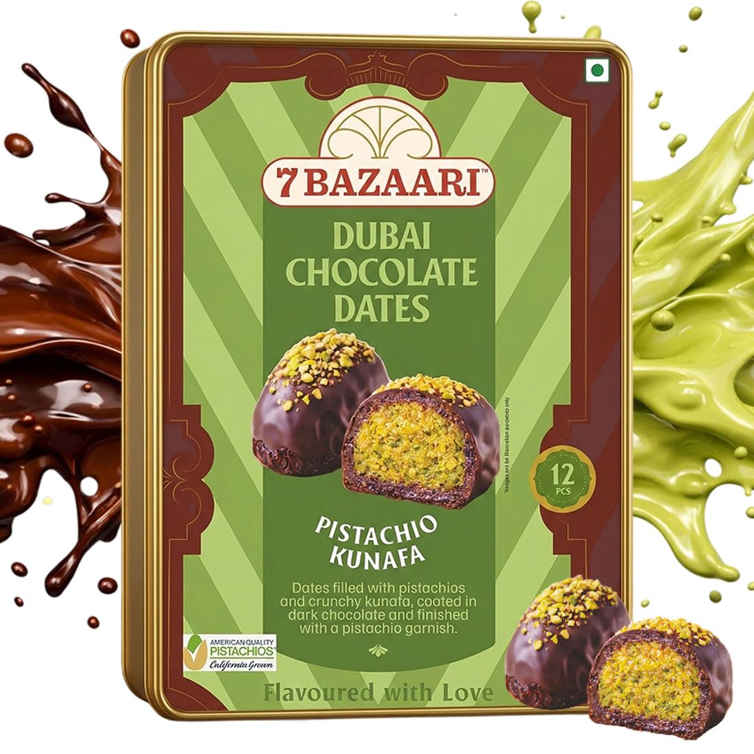 7 BAZAARI Dubai Kunafa Chocolate Dates – 12 Pcs Premium Pistachio Dates Filled with Crispy Kunafa & Coated in Milk Chocolate | Premium Chocolate Gift Box-image-19