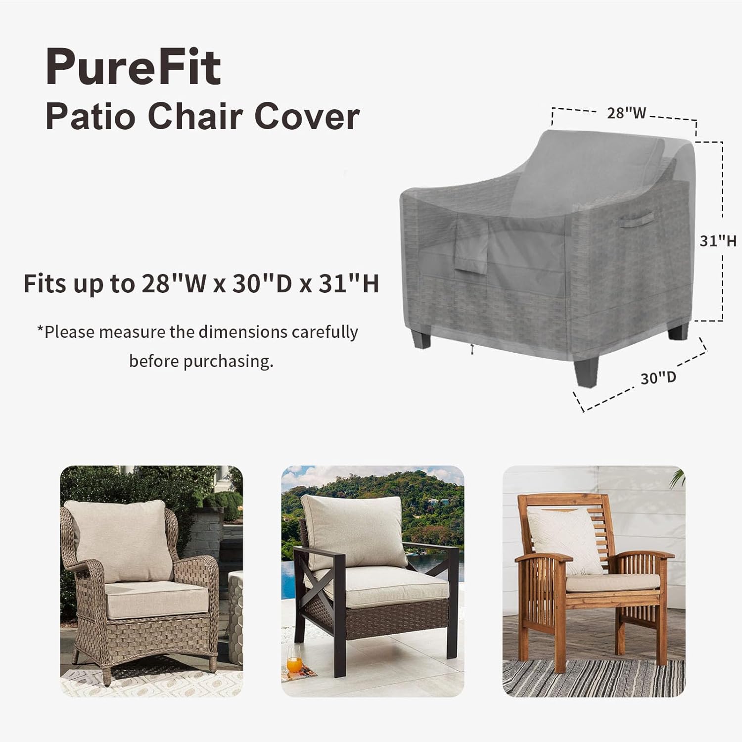 PureFit Outdoor Chair Covers Waterproof Patio Furniture Lawn Chair Covers for Outdoor Furniture with Air Vent and Padded Handles, Fits up to 28W x 30D x 31H Inches, Gray