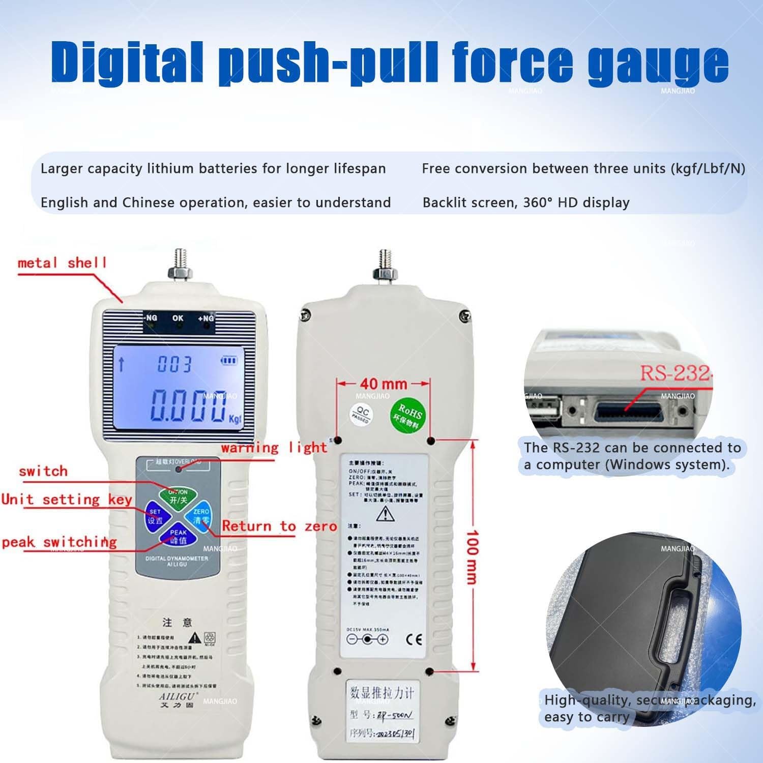 300mm Stroke Tensile Tester, Digital Force Gauge Combo, Allows Extended Travel for Elongation and Compression Tests. with Five Probes and Versatile Clamps, from Fishing(with Ruler,1000N)