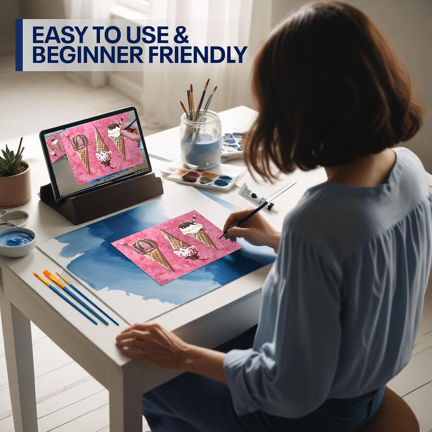 Painting4Real DIY Painting Class Kits for Adults with Video Tutorials, Learn to Paint Ice Cream, How to Paint with Acrylic Paint Sets for Adult, 9 Peices Art Set & Painting Supplies Gifts for Mom