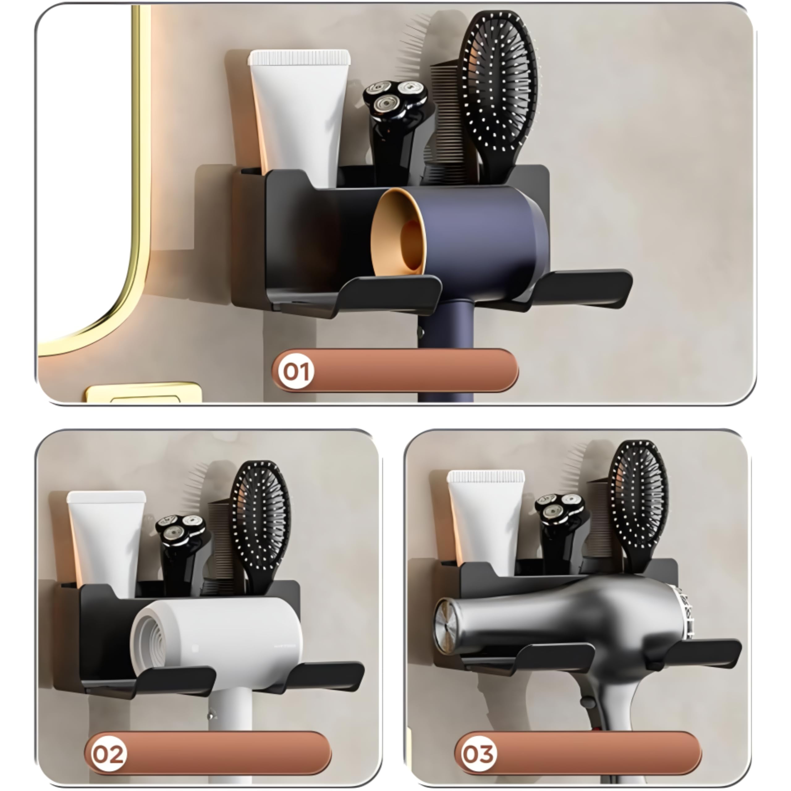 Cisily Black ABS Plastic Wall Mount Hair Dryer Holder & Organizer - Medium (12.5cm x 16.5cm x 7cm) - Hair Styling Tool Storage - Bathroom Use - Image 3 thumbnail