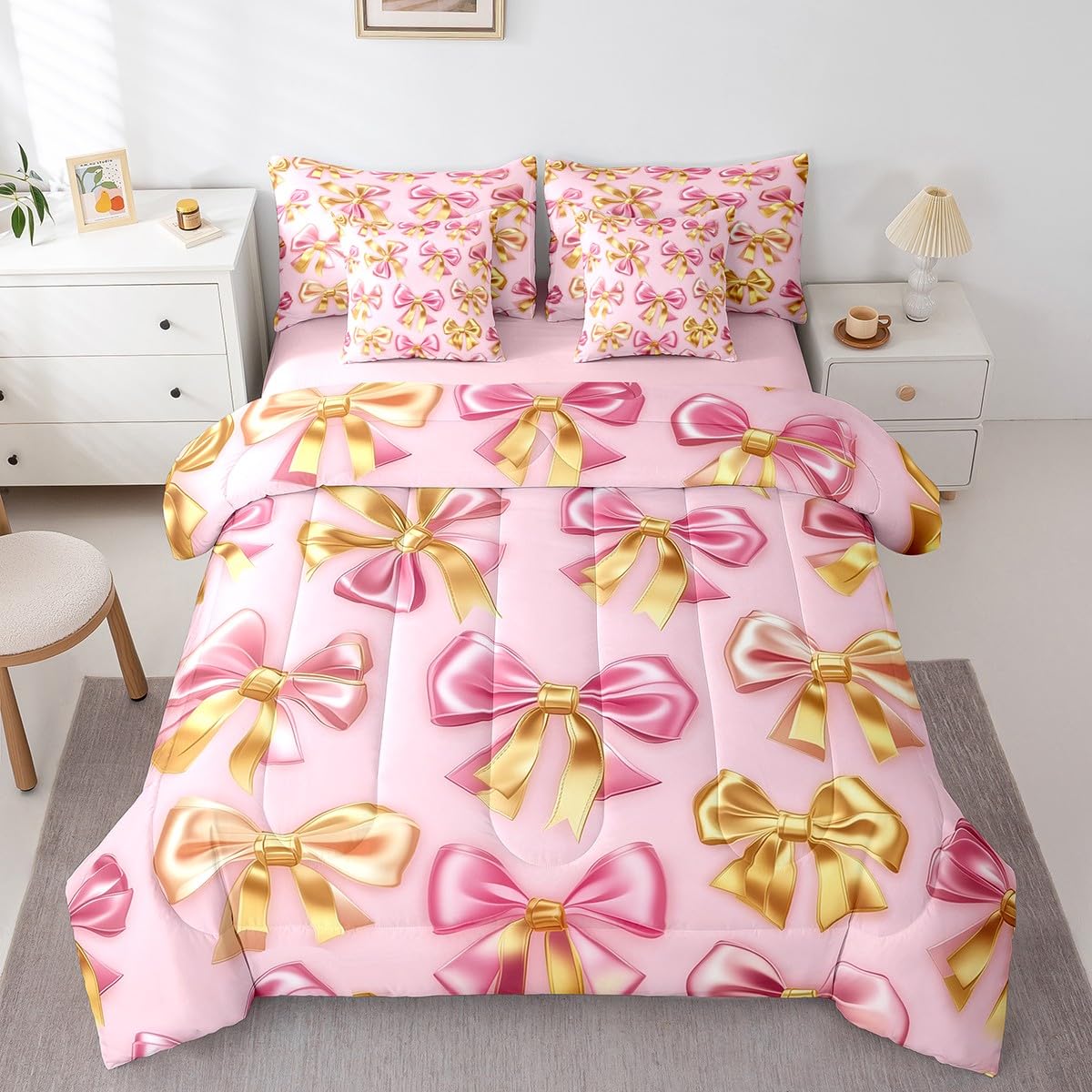 Erosebridal Ribbon Bow Twin Comforter Set 7 Piece Pink Golden Bowknot Bedding Set for Girls Boys Bedroom Decor,Dreamy Princess Bow Bed in A Bag Aesthetic Coquette Sheet Set with Comforter
