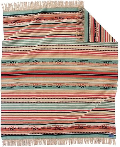Pendleton - Manta Chimayo de lana tamaño cobija, color coral/rayas aguamarina