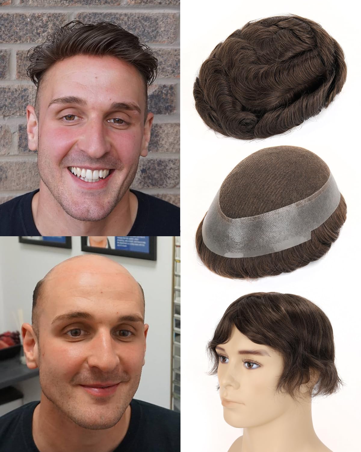 BEEOS Australia Toupee Hair for Men, 8x10 Inch Lace Top with Transparent PU Around Base Mens Wig, Indian Remy Human Hair Mens Replacement System 130% Density #5 Brown