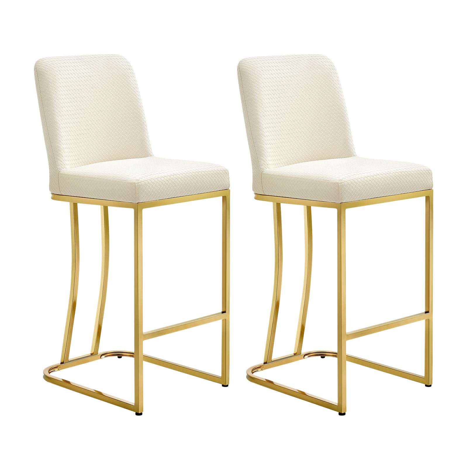 NrizcLeather Bar Stools Set of 2, 26" Counter Height Bar Stools with Gold Metal Frame, Gold Bar Stools for Kitchen Island, Bar, Pub (White)