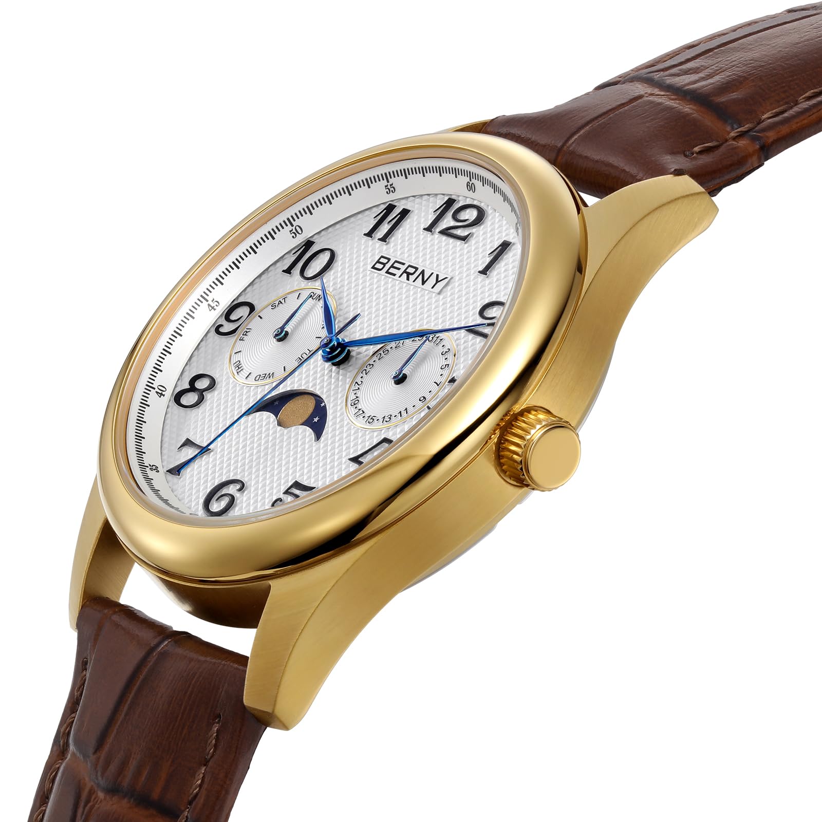 BERNY Reloj para Hombre Cuarzo Fase Lunar Masculino Reloj de Pulsera Dial Analógico de Fácil Lectura con Números Arábigos