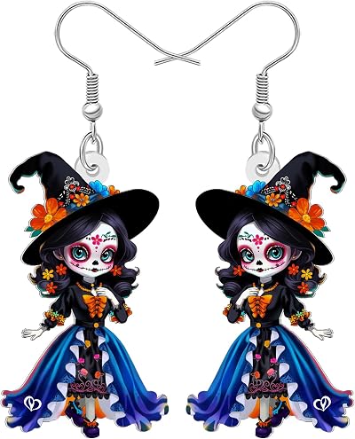 BONSNY Halloween Sugar Skull Catrina Dangle Earrings for Women, Cute Day of the Dead Doll Drop Jewelry, Colorful Floral Calavera Accessories, Mexican Dia de los Muertos Gift