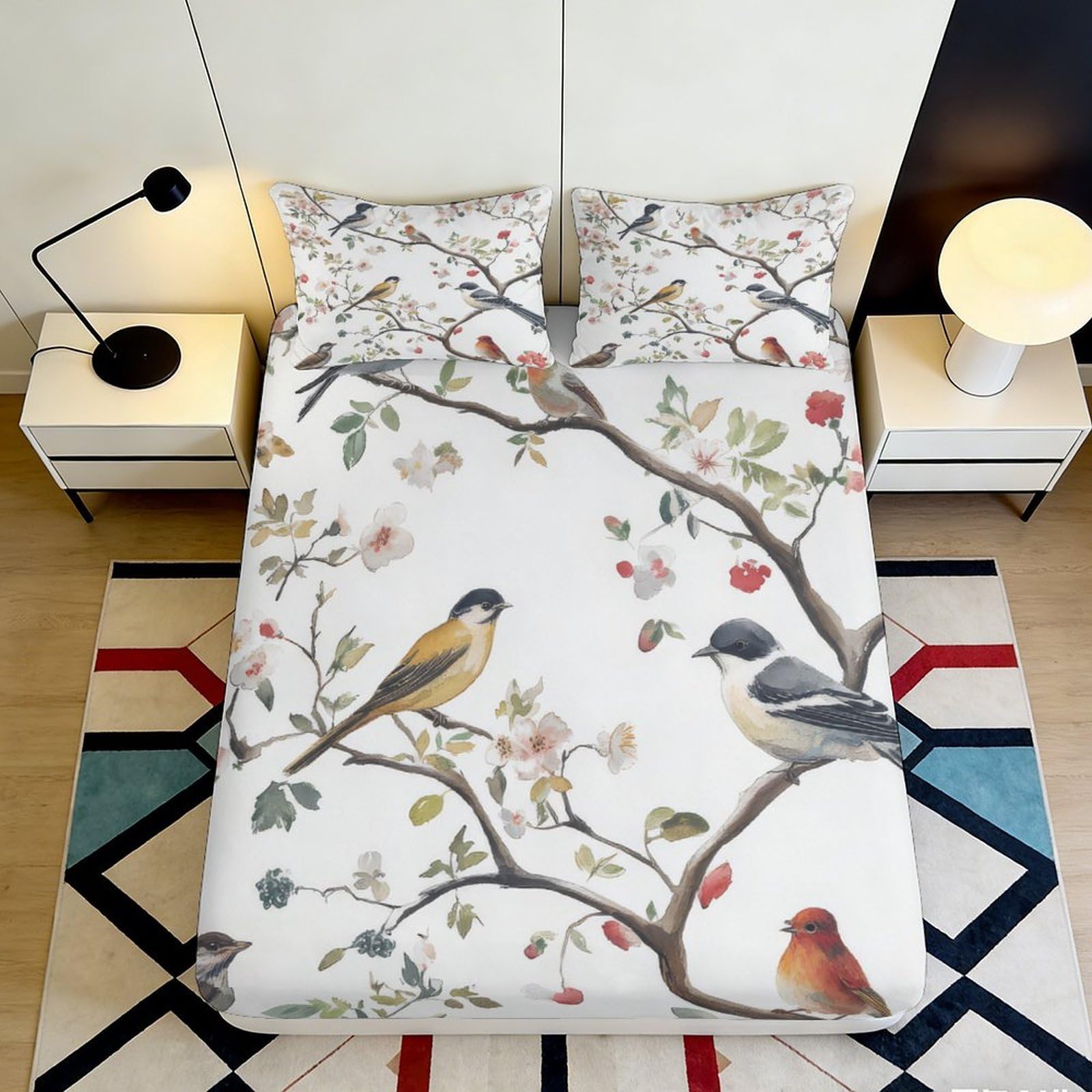 3D Printed Bird Branch Fitted Sheet Microfiber Soft Non-Slip Blossom Bed Sheet for Bedroom Guest Room Decor 90x200x25cm
