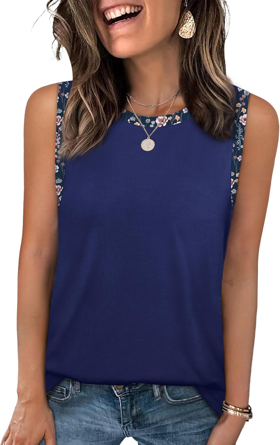 Sampeel Tank Tops for Women Round Neck Boho Color Block Sleeveless Tops Summer Beach Vacation Clothes Curved Hem - Image 2