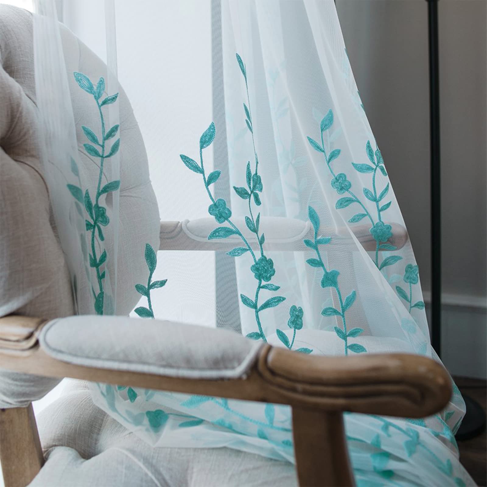 Melodieux Flower Embroidery Sheer Curtain for Living Room Farmhouse Style Rod Pocket Voile Drape, White/Blue, 52 by 96 Inch (1 Panel) - Image 3