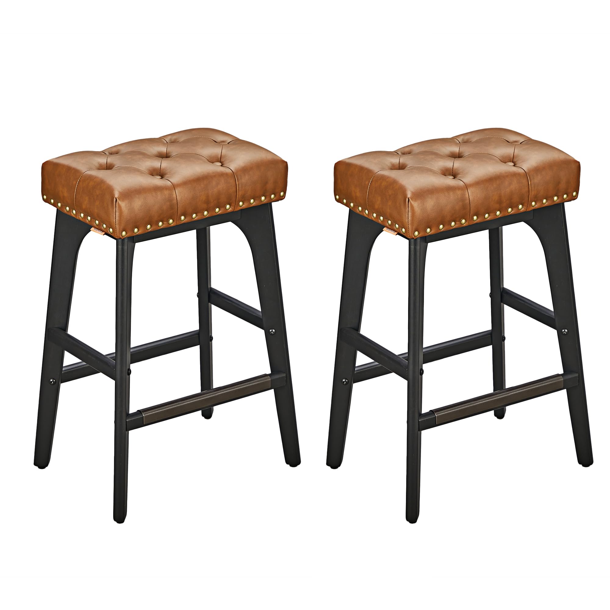 VASAGLE Taburetes de Bar, Juego de 2, Superficie de PU, Botones Acolchados, Bordes con Tachuelas, Patas de Madera, Altura 66 cm, Esquina de Bar, Comedor, Fácil Montaje, Marrón Café LBC085K01