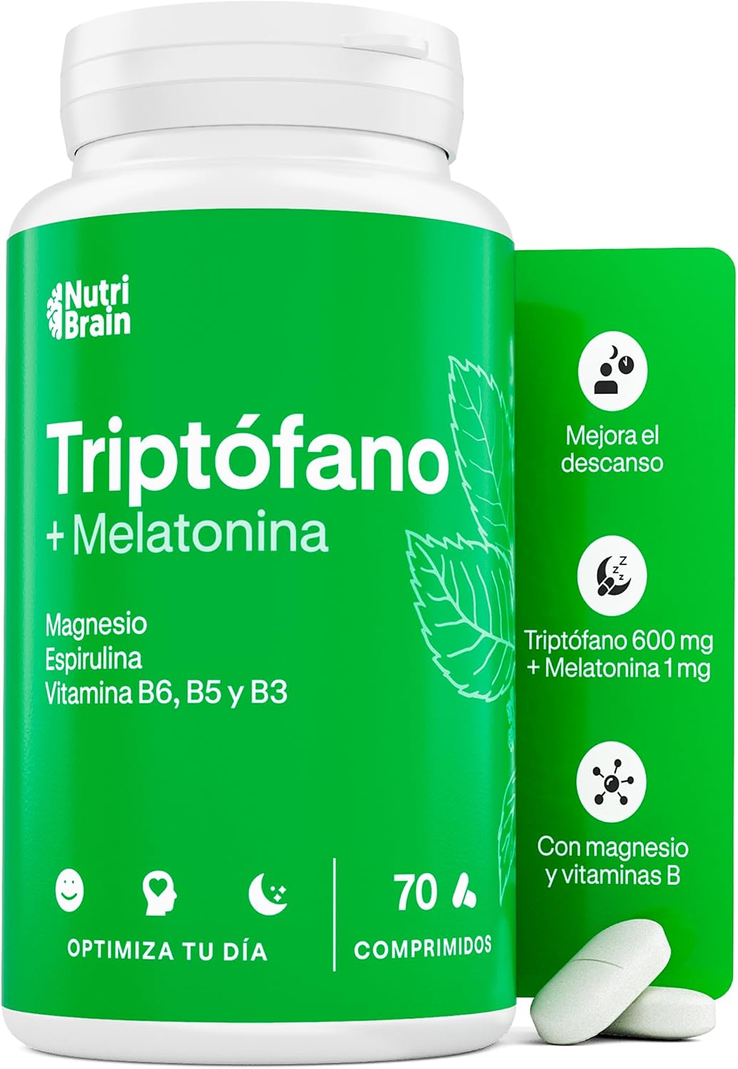 L-Triptófano 570mg con Melatonina, Magnesio y Espirulina - Dosis Alta