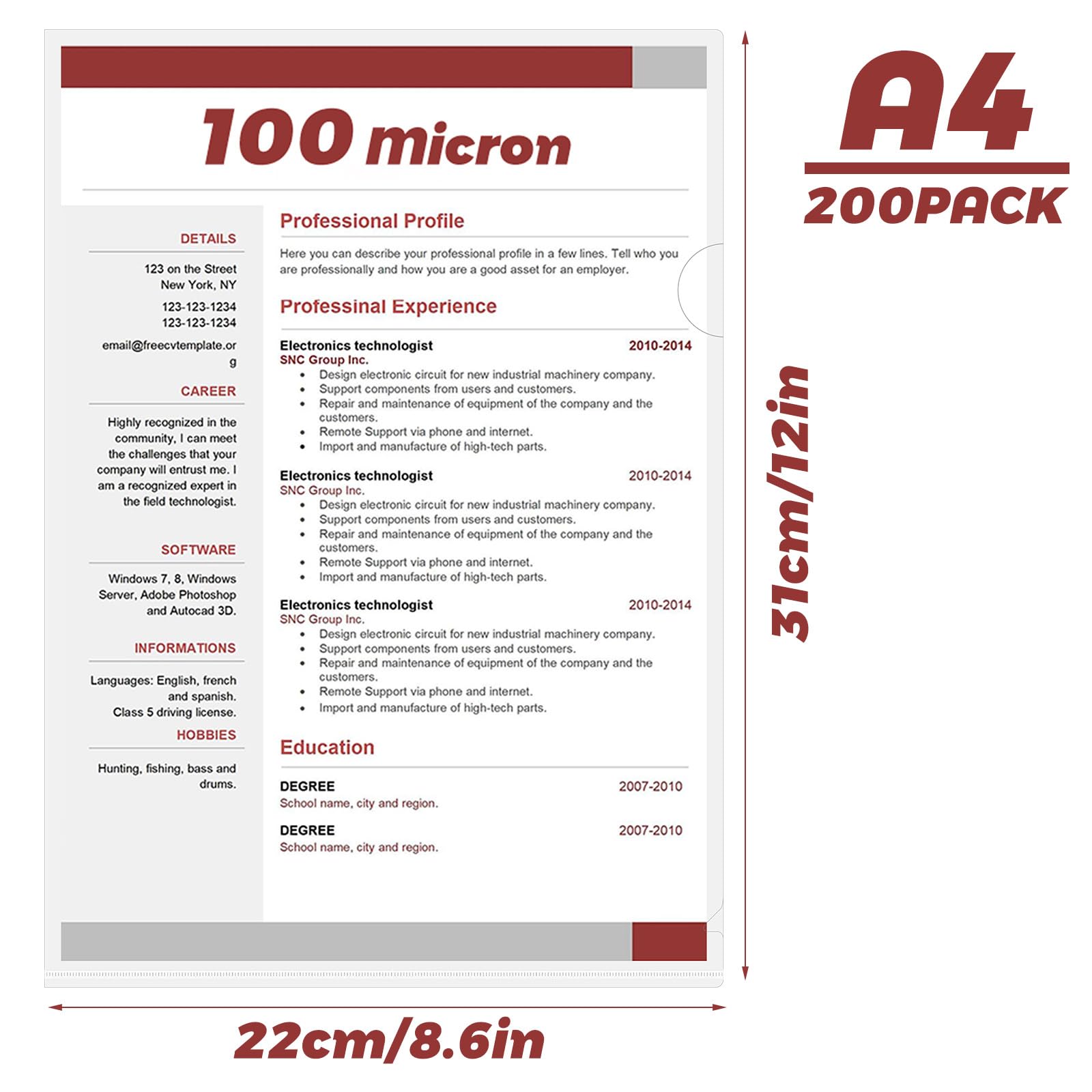 Lot de 200 pochettes transparentes A4 en plastique transparent 100 microns, poches ouvertes sur le dessus et sur le côté en polypropylène avec découpe pour le pouce, pochettes en plastique
