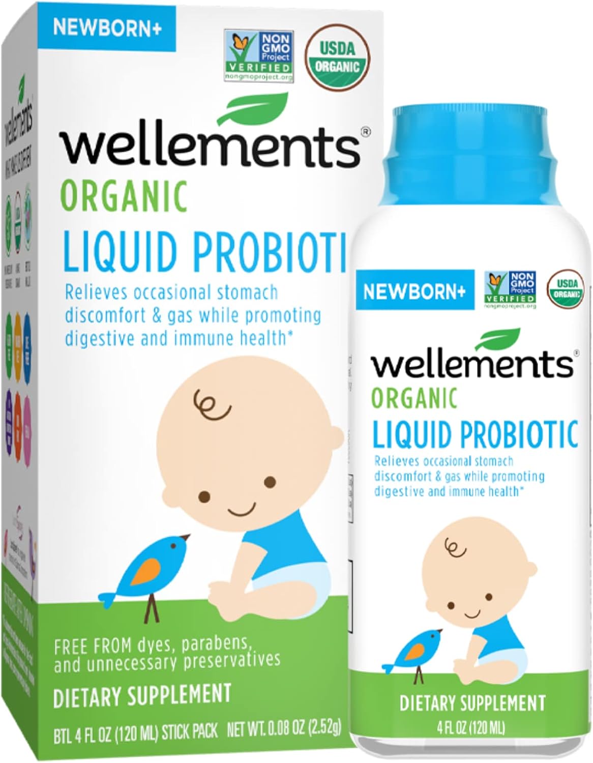 Wellements Certified USDA Organic Liquid Probiotic 4 Fl Oz, Gripe Water & Probiotics for Infant Digestion & Immune Health, Relief for Gas, Colic & Hiccups, Free from Dyes, Parabens, Preservatives