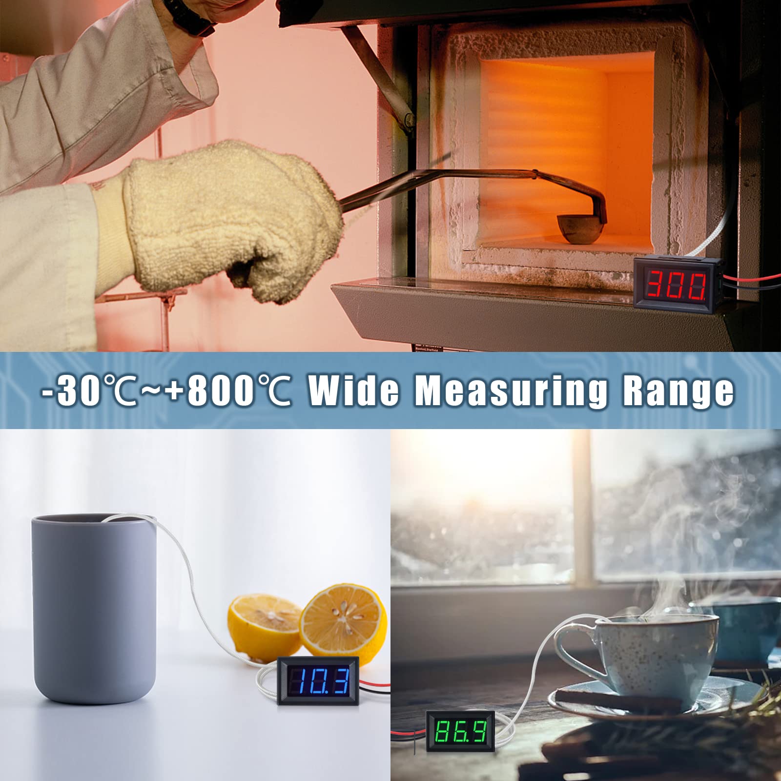 Termometro Digitale Industriale 12V con Sonda Impermeabile Tipo-K -30-800℃ Rosso