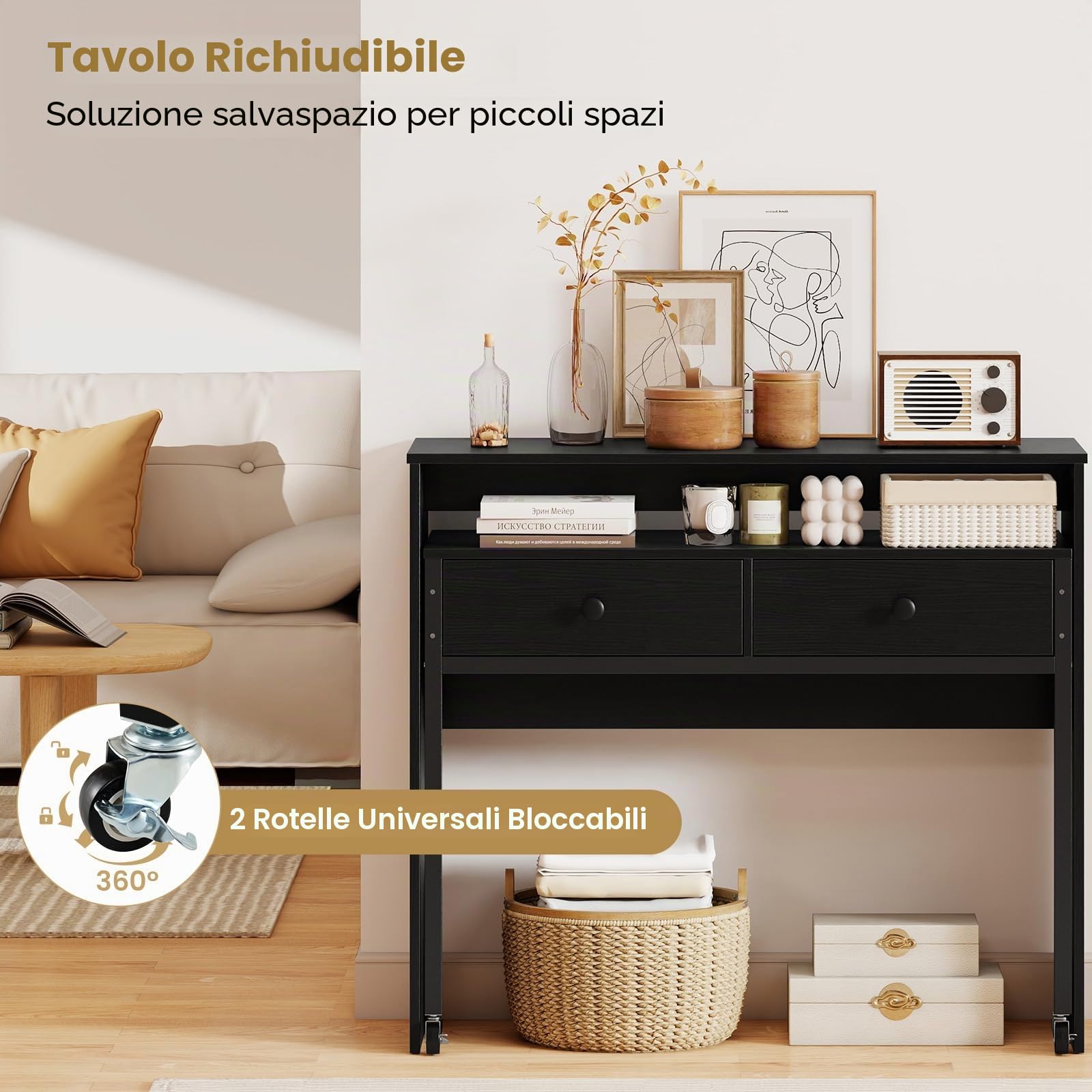 LIFEZEAL Scrivania per computer estensibile, tavolo portaoggetti con cassetti e ruote, tavolino salvaspazio per ufficio a casa, soggiorno, camera da letto