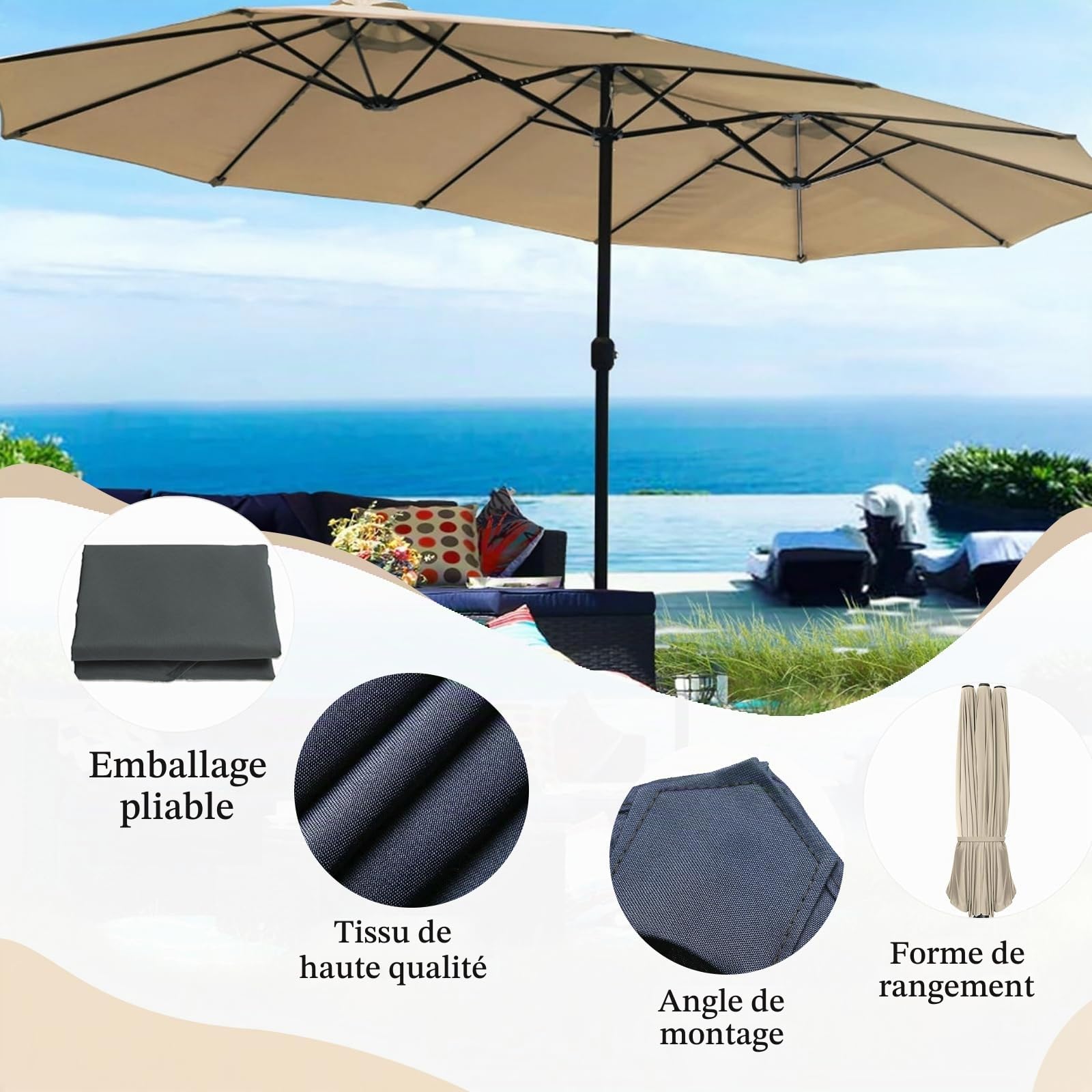 Grand Parasol De Jardin Exterieur,Parasol Rectangulaire,Grand Parasol,Parasol Double Pente Parasol Déporté Inclinable Pour,Piscine,Terrasse, Balcon Parasol(Seulement Le Tissu Parapluie)