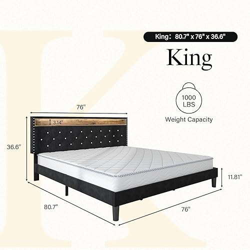 Miniatura 2 de HOMBCK Base de cama tamaño King con luces LED, base de cama LED con estación de carga y cabecero, plataforma tapizada de terciopelo negro, marco de