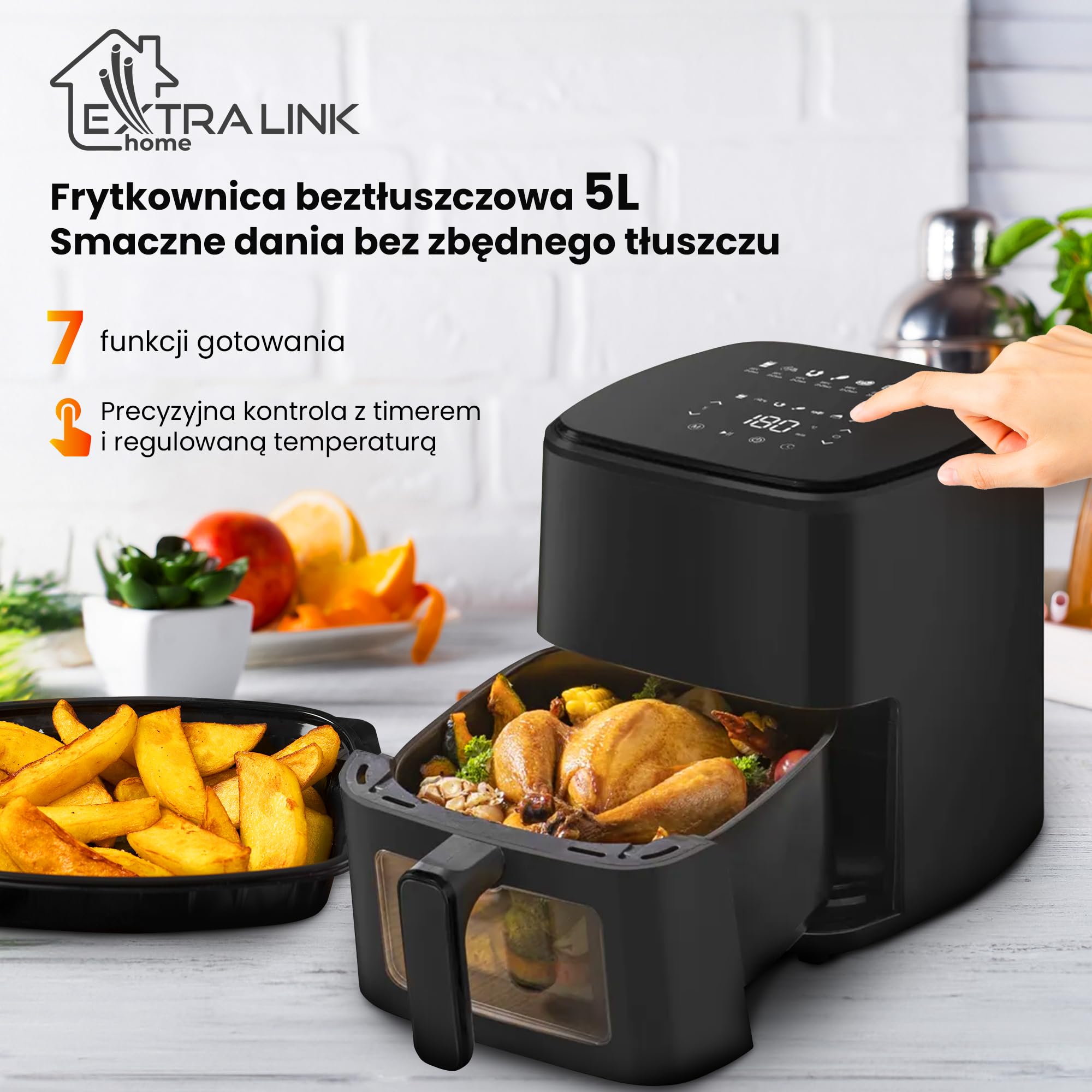 Extralink 1500W Airfryer 5L – Frytkownica beztłuszczowa z 7 funkcjami gotowania, frytownica, od 80°C do 200°C, energooszczędna, ekran dotykowy LED, 90% mniej tłuszczu dla zdrowych posiłków