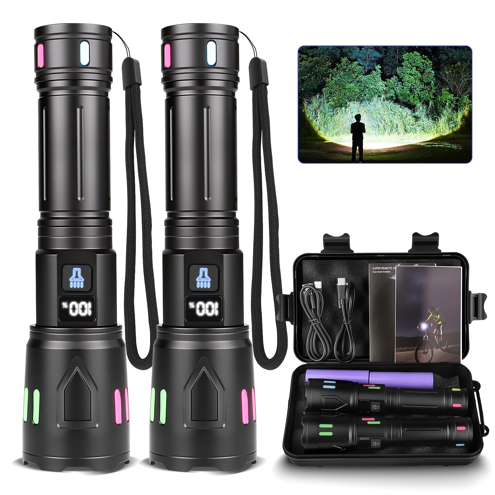 Torches LED Super Bright Rechargeable 2 Pack, 1000000 Lumens High Power Torch, Powerful Flashlight with LCD Display, USB-C Hand Flash Light with 3 Modes, Waterproof Zoomable for Camping (Black1)