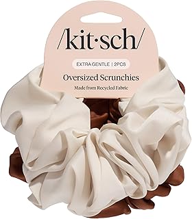 Kitsch Recycled Satin Oversized Scrunchies – Large Hair Scrunchies for Women, Eco-Friendly Hair Ties & Ponytail Holders | Ideal Gifts for Women - Camel & Cream, 2pc Set