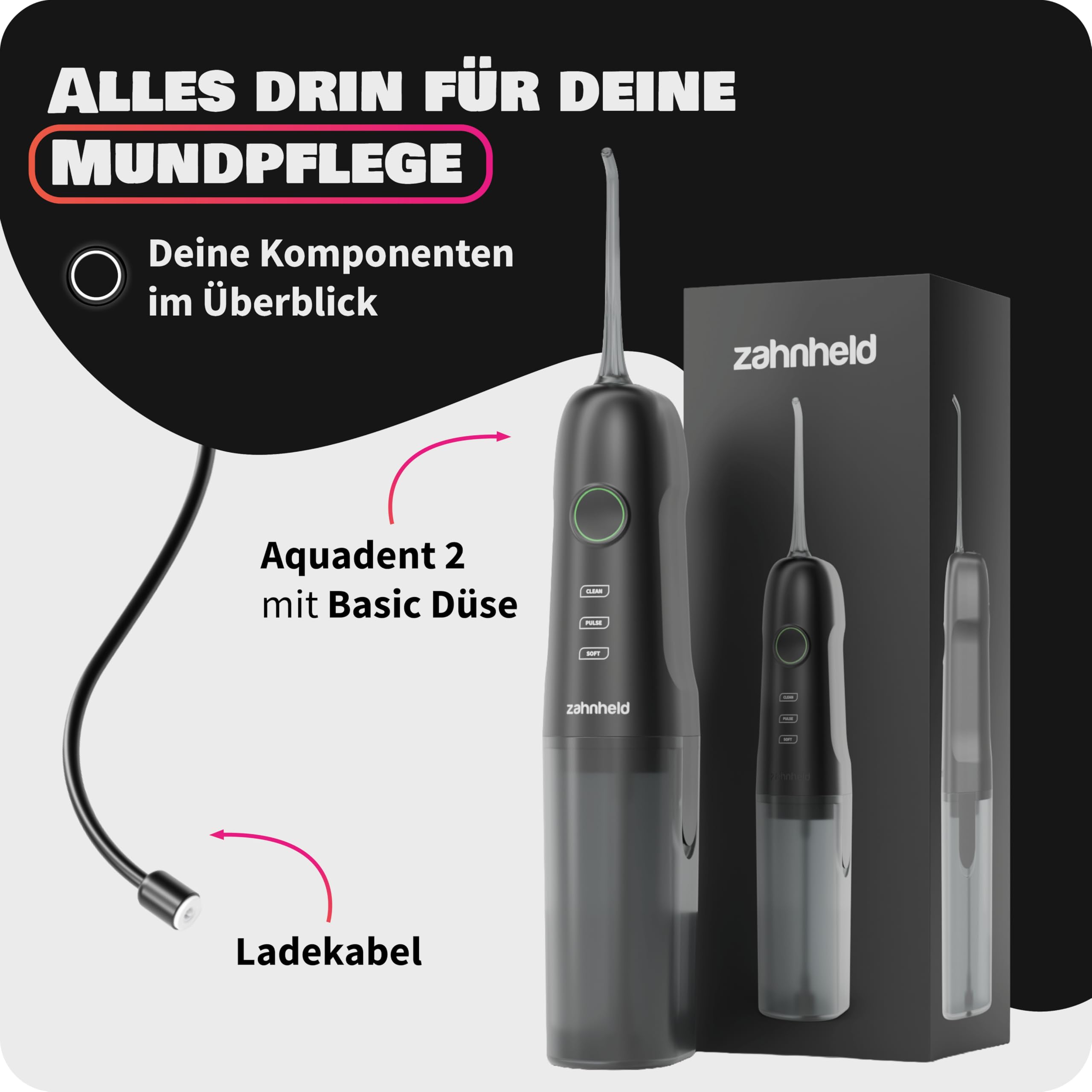 Zahnheld® Munddusche AQUADENT A2 | Kabellos | Für unterwegs und zu Hause | Water Flosser | Fördert eine effektive Reinigung der Zahnzwischenräume | 3 Programme | Effektive, elektrische Zahnreinigung & Mundhygiene, Zahndusche, Mundspülung für Zahnzwischenr