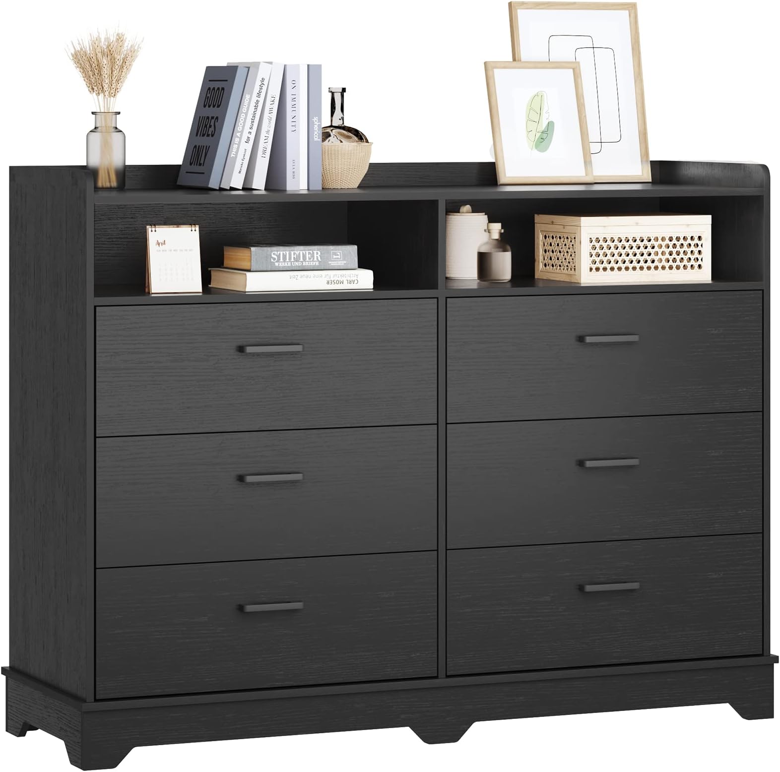EPHEX Mid-Century Modern Dresser with 6 Drawers & 2 Open Drawers, Wood Rustic Wide Chest of Drawers, Storage Dressers Organizer for Bedroom, Living Room, Hallway, Black