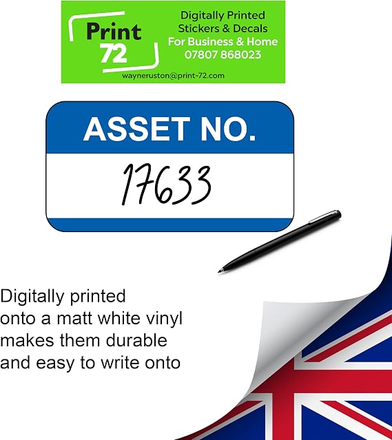 Asset Number Quality Control Labels- 50 Stickers 38mm x 22mm Blue