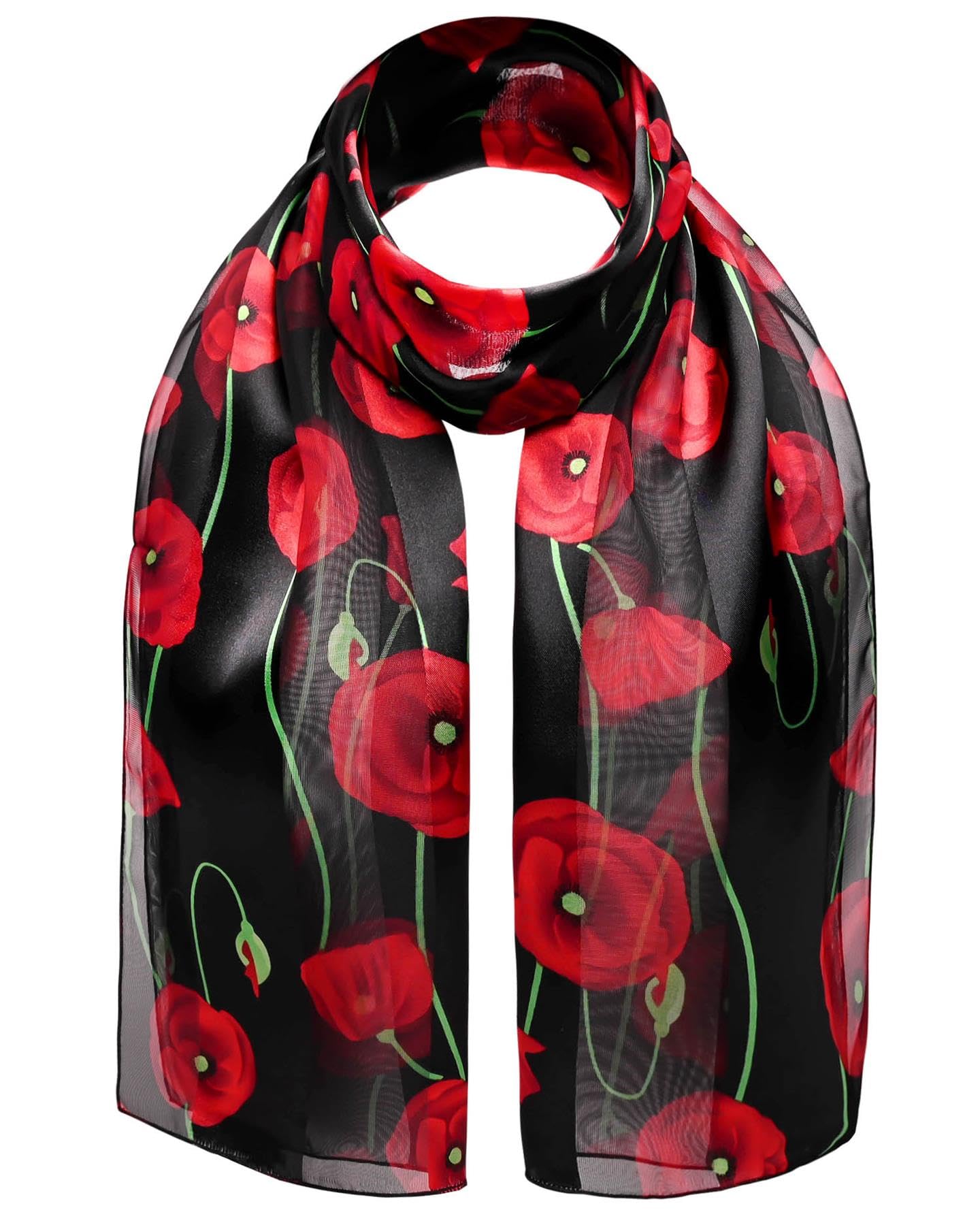 Basic Sense Poppy Scarf for Women UK Satin Print Remembrance Shawl, Stem Black