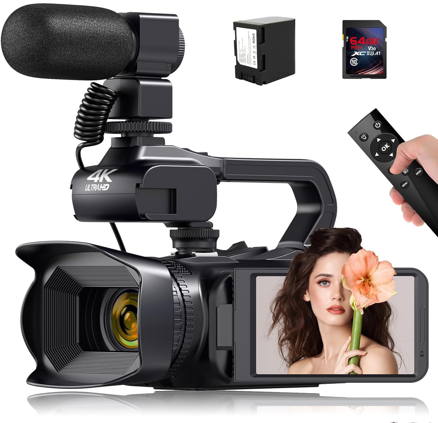 4K Video Camera Camcorder 60FPS 64MP 18X Digital Zoom Auto Focus Vlogging Camera for YouTube, 4.0 Inch Touch Screen HD WiFi Video Camera with 4500 mAh Battery, 64G SD Card, Stabilizer, Microphone and