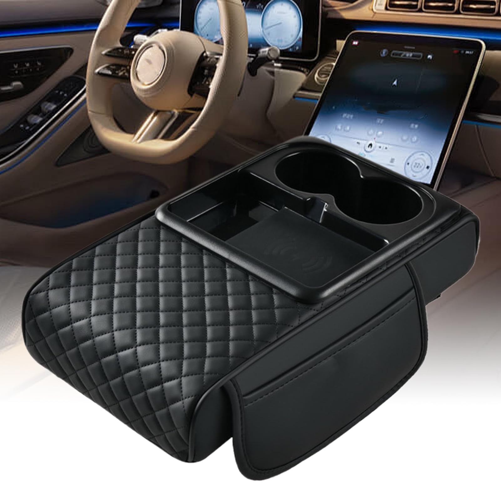 Autoarmruhe -Cover -Pad - künstliche Lederkonsolekissen, Seitentasche Organizer | Ellbogenunterstützung für die Armlehne des Autos, der Becherhalter für Tissue Box, Wasserflasche, Aufbewahrungsaufbewa