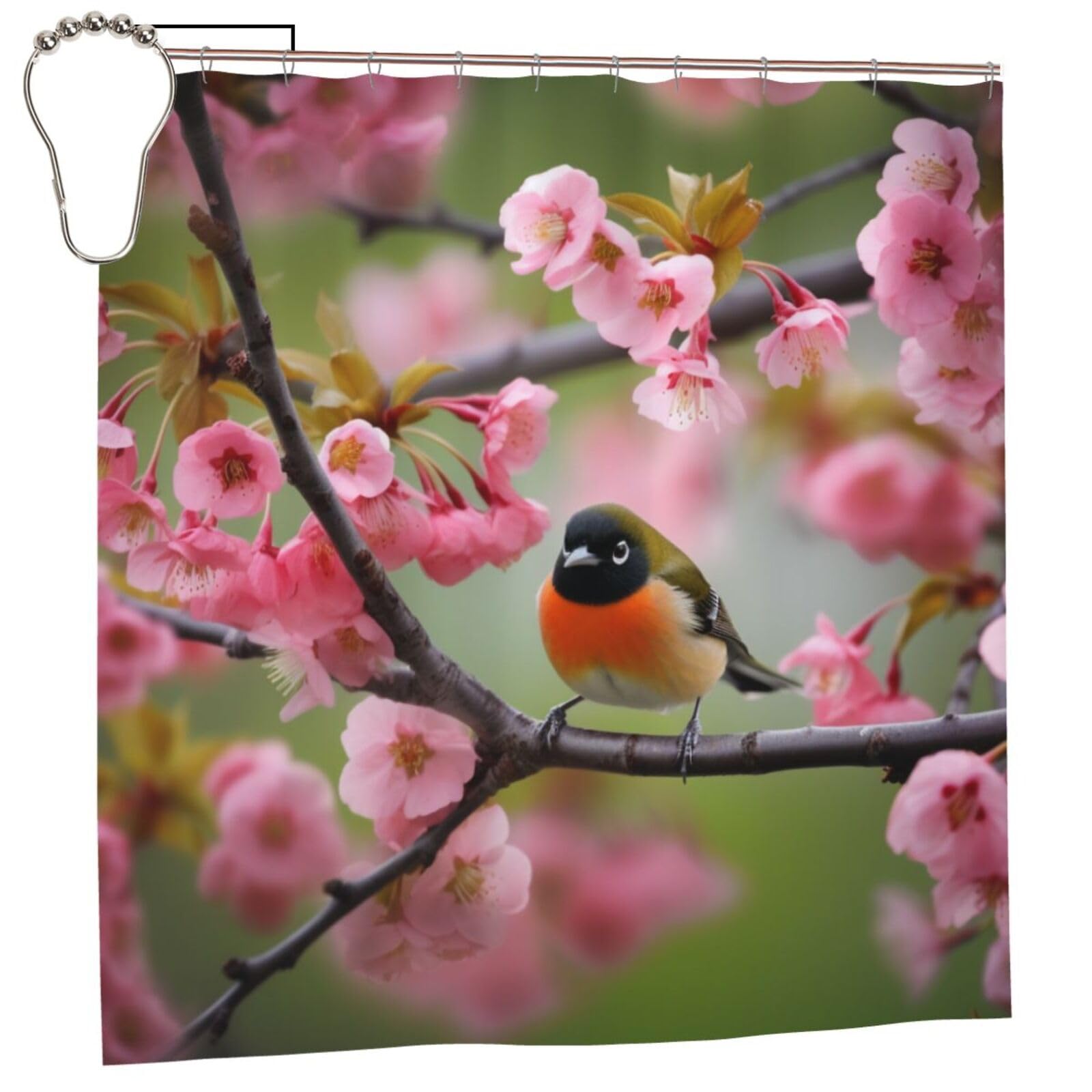 BWWHCCTI Bird in Peach Tree Printed Shower Curtain With 12 Iron Hooks Opaque Quick Drying Waterproof Shower Curtains Sets For Bathroom 183x183 CM