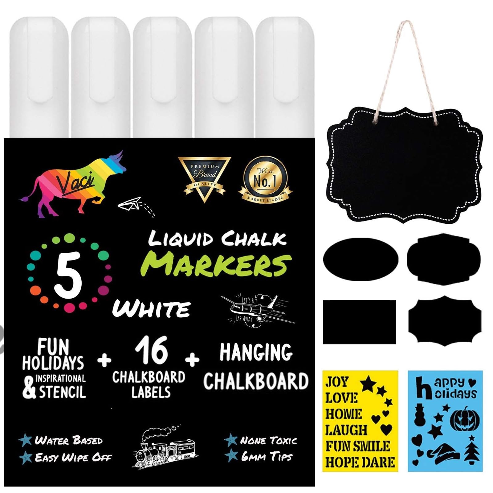 White Liquid Chalk Markers - 5 Markers, 2 Stencils, 16 Chalkboard Labels and 1 Hanging Board | Erasable & Water-Based | 6mm Chisel Tips | Professional Ink | For Any Non-Porous Surface