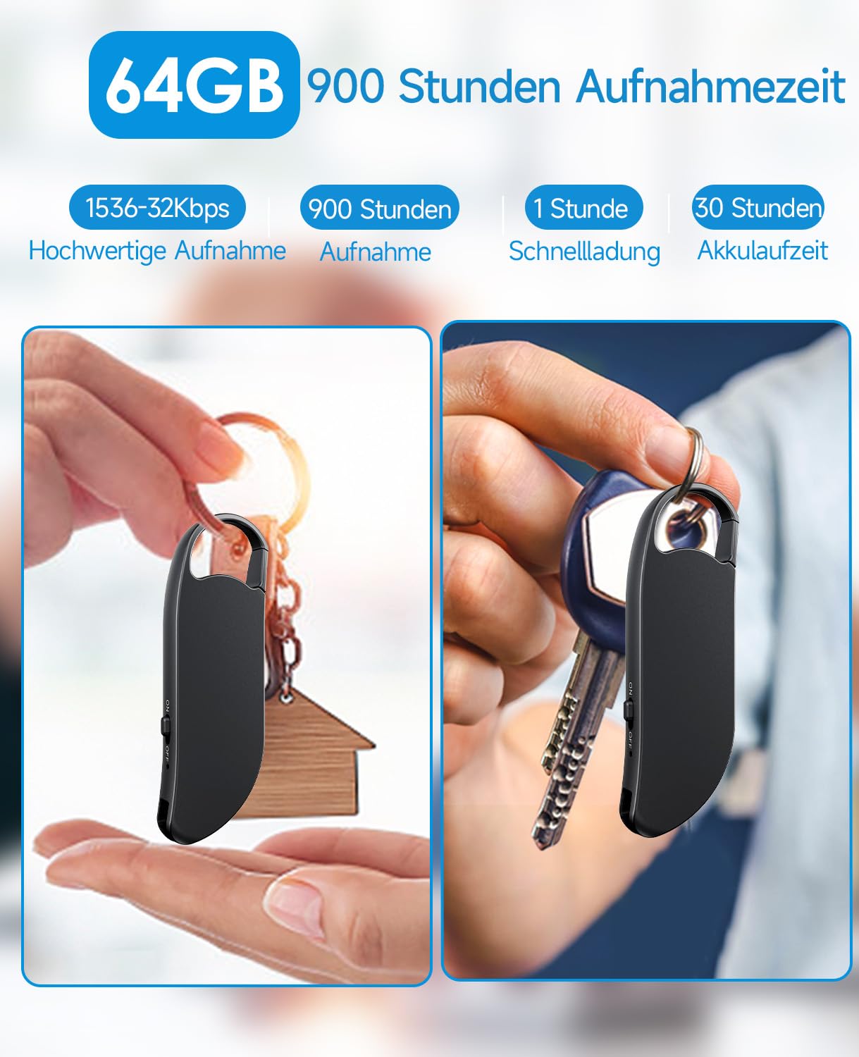 64GB Diktiergerät Mini, Vandlion Stereo Aufnahmegerät mit Rauschunterdrückung, USB C Voice Recorder mit Spracherkennung für Vorlesungen Interviews Meetings Klasse
