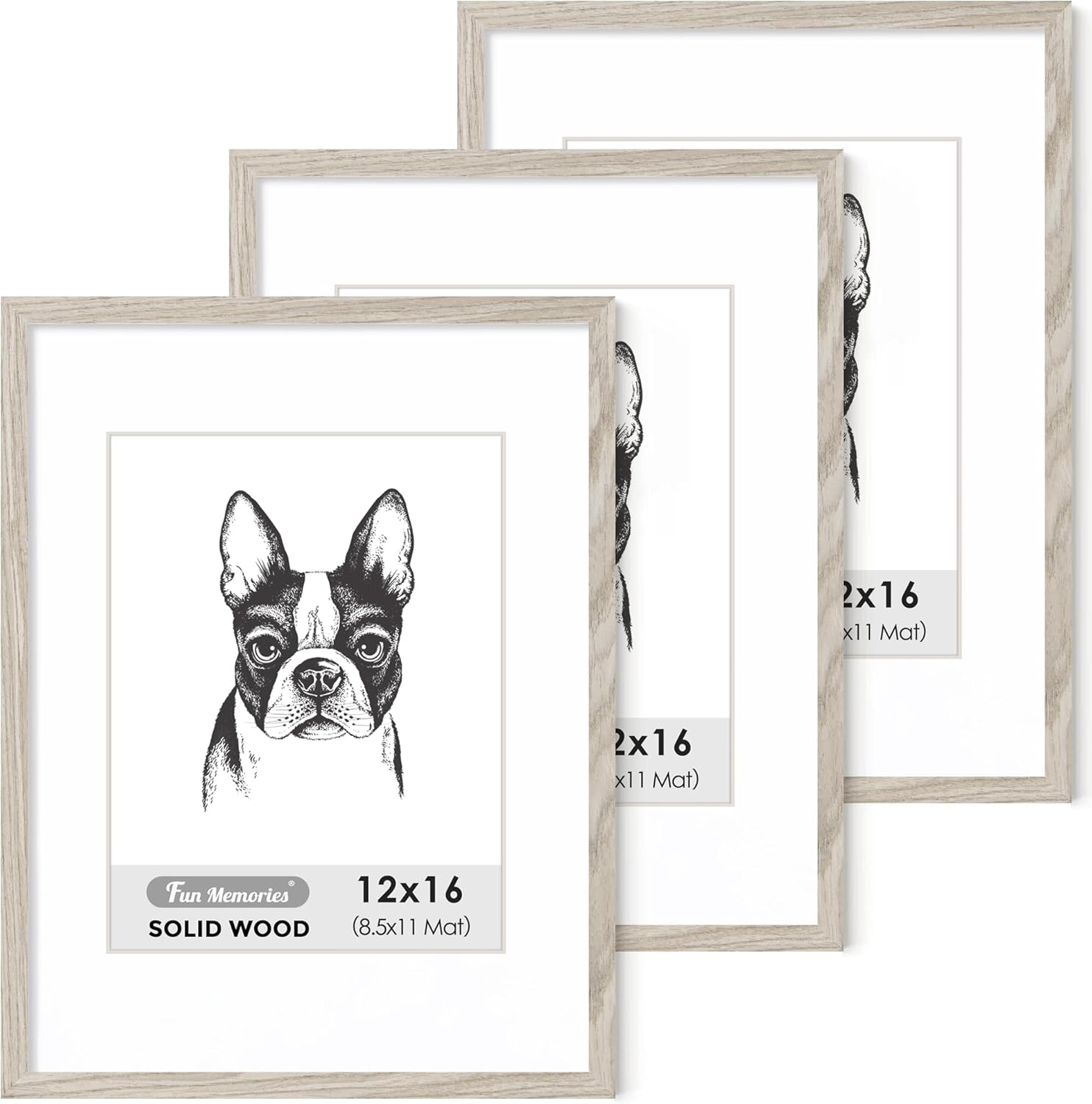 12x16 Picture Frame Set of 3, Natural Wood 12x16 Frame with Mat, 12"x16" Picture Frame Wood, 12x16 Wood Frame Poster Frame for Art, Rustic Wooden 12 by 16 Canvas Frame Grey 12x16 - 3P