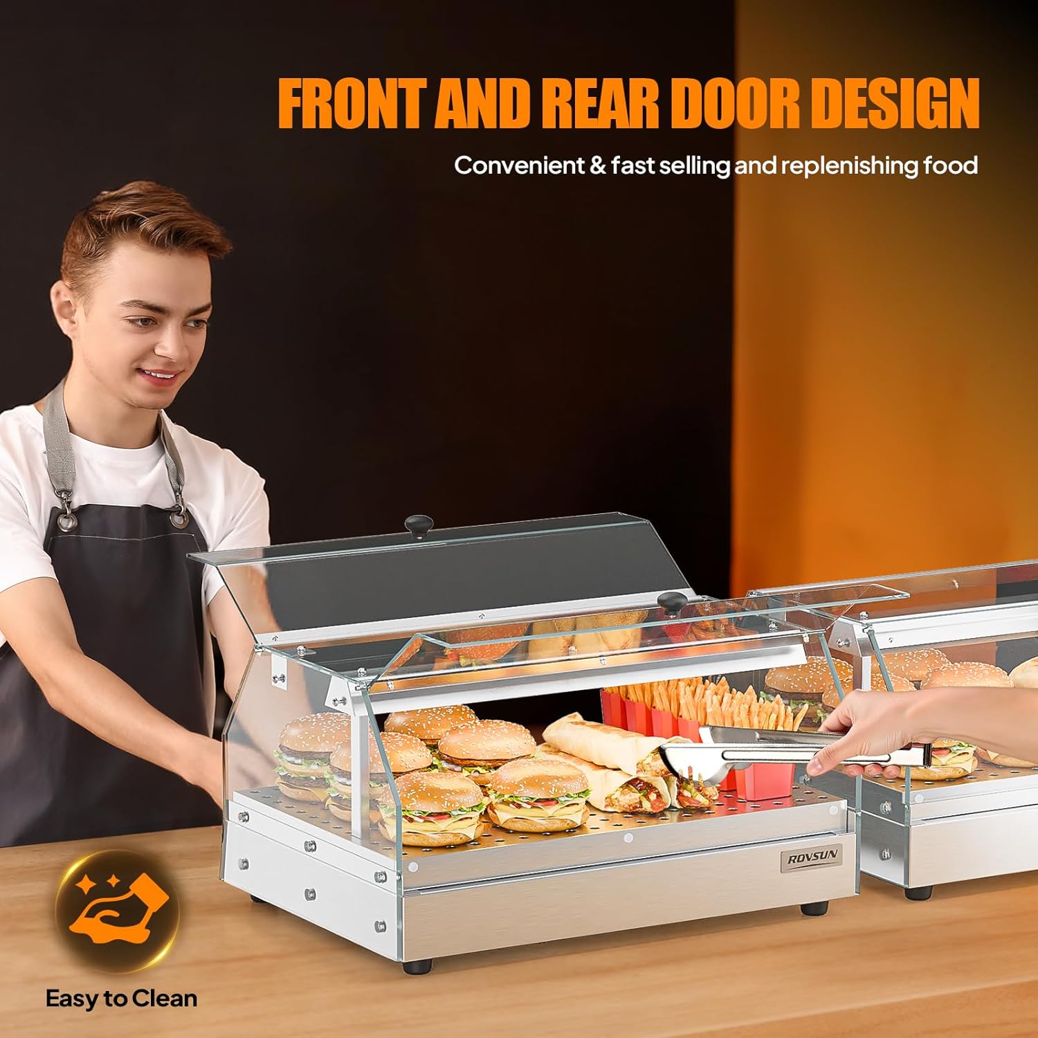 ROVSUN Food Warmer Pizza Warmer Countertop, Food Warmer Display Pretzel Warmer with LED Lighting Front and Rear Doors, Electric Catering Hot Box Acrylic for Buffet Restaurant Cafe