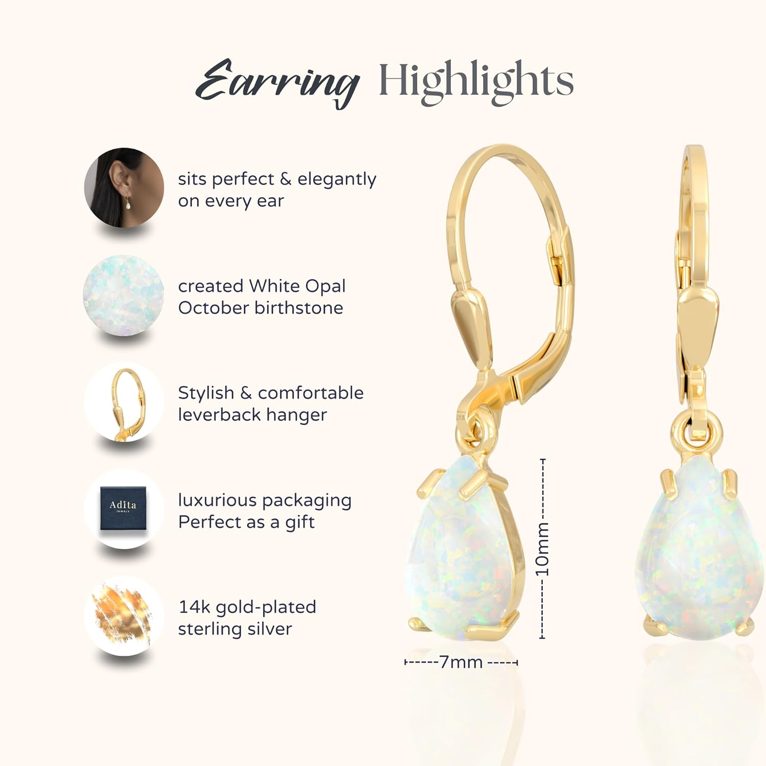 14K Gold Plated Gemstone Teardrop Earrings for Women – Birthstone Jewelry – Dainty Leverback Earrings in Gold Over 925 Sterling Silver – Elegant Gift for Women - Image 6