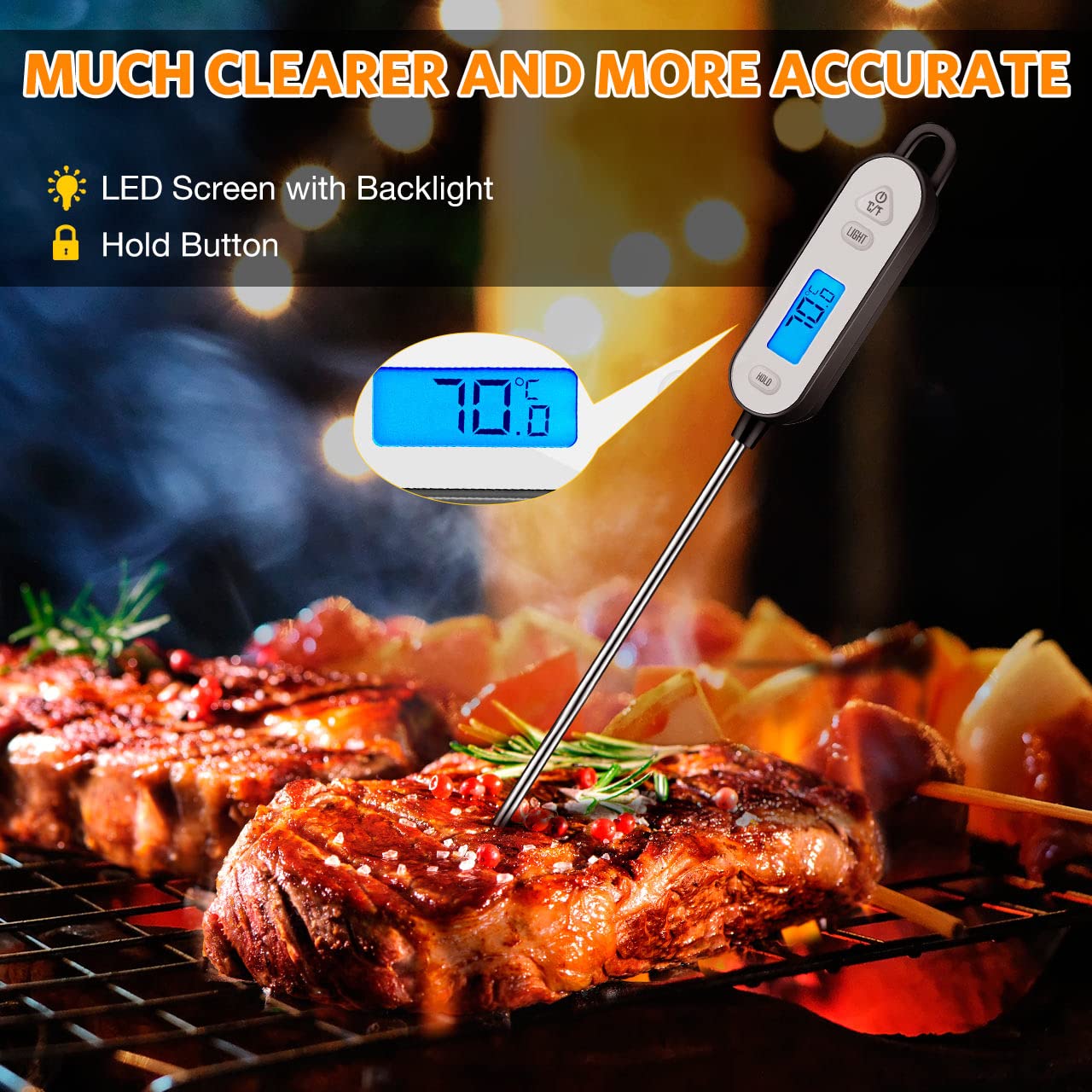 review Instant Read Cooking Meat Thermometer: Super Long Probe for Kitchen Cooking BBQ, Fry Food, Milk Yogurt; Thermometer with Backlight Display; IPX7 Waterproof Level