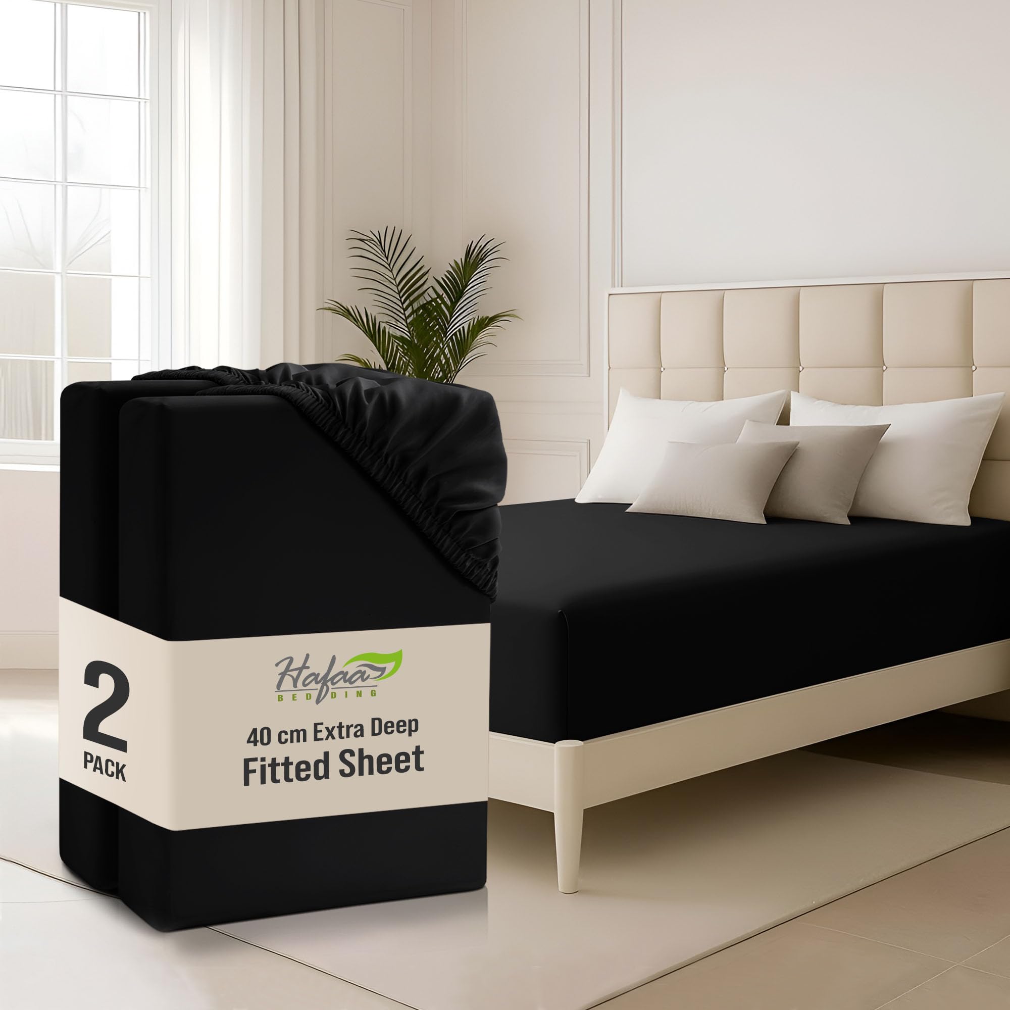 Hafaa Super King Fitted Sheet 2 Pack 40Cm Deep Pocket 16 Inch Black Bed Sheets Hotel Quality Soft Brushed Microfiber Fabric Breathable Shrinkage Fade Resistant Bedsheets โ image 1