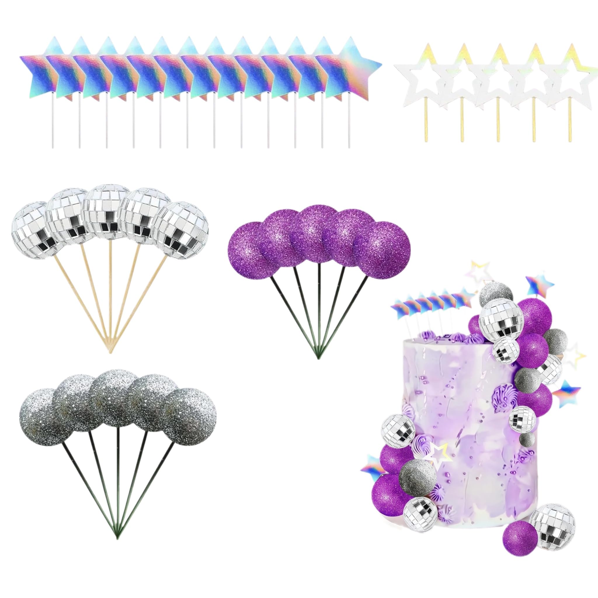 Disco Ball Cake Decorations, 32 Pcs Purple Cake Decorations, 5 Styles
