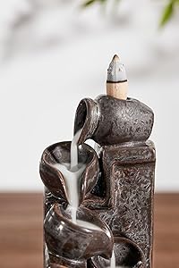 LAMDAWN Unique Cascading Basins Ceramic Waterfall Incense Holder, Paired with a Pack of Backflow Incense Cones. (Metallic)