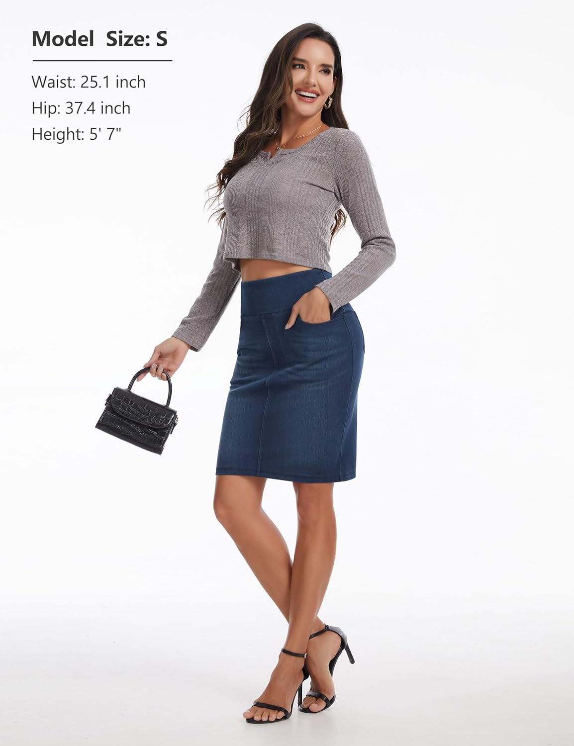 THE GYM PEOPLE Women's High Waist Stretchy Denim Skirt Knee Length Slim Fit Pencil Jean Skirt Back Slit with Pockets