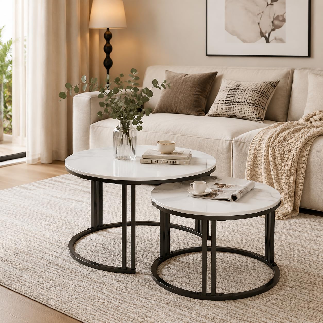 FATIVO Couchtisch Rund 2er Set Marmor Optik Weiß mit schwarz Metallrahmen