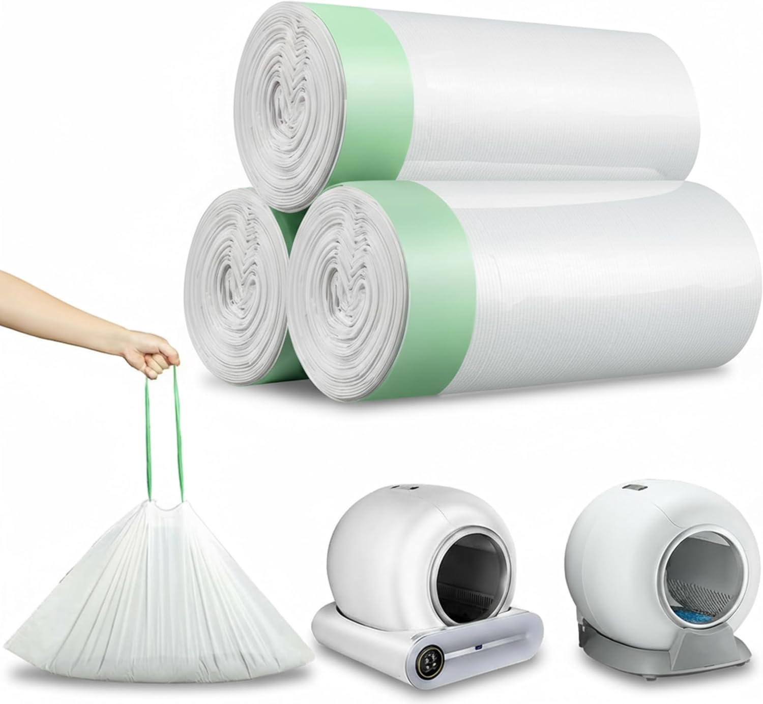 60 Count Thickened Automatic Cat Litter Box Bags Compatible with PetCova, DuckSky and MeoWant, Leak-proof Pet Waste Bags Liners with Drawstring Heavy Duty for Self Cleaning Cat Litter Box -19″ x 18″