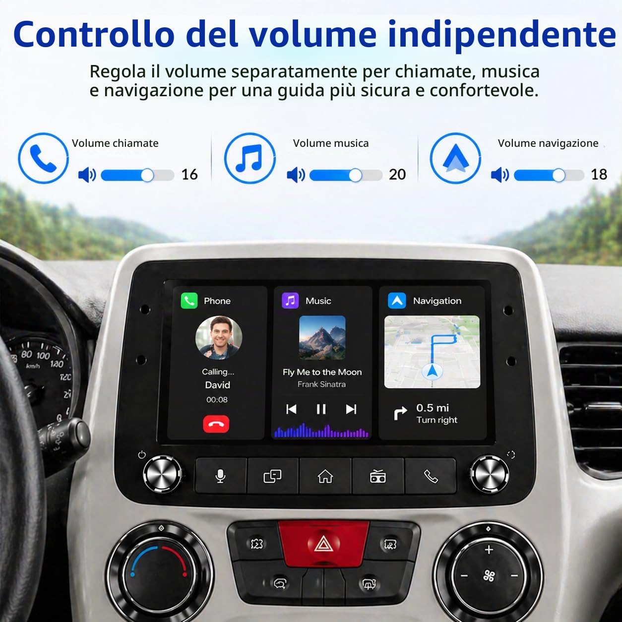 FIAT Panda 2003-2012 Autoradio 1 DIN CarPlay wireless Android Auto DSP RDS | Sistema Linux,avvio rapido 2s,Plug&Play,Bluetooth,CANBUS,comandi volante originali,schermo supporto telecamera posteriore