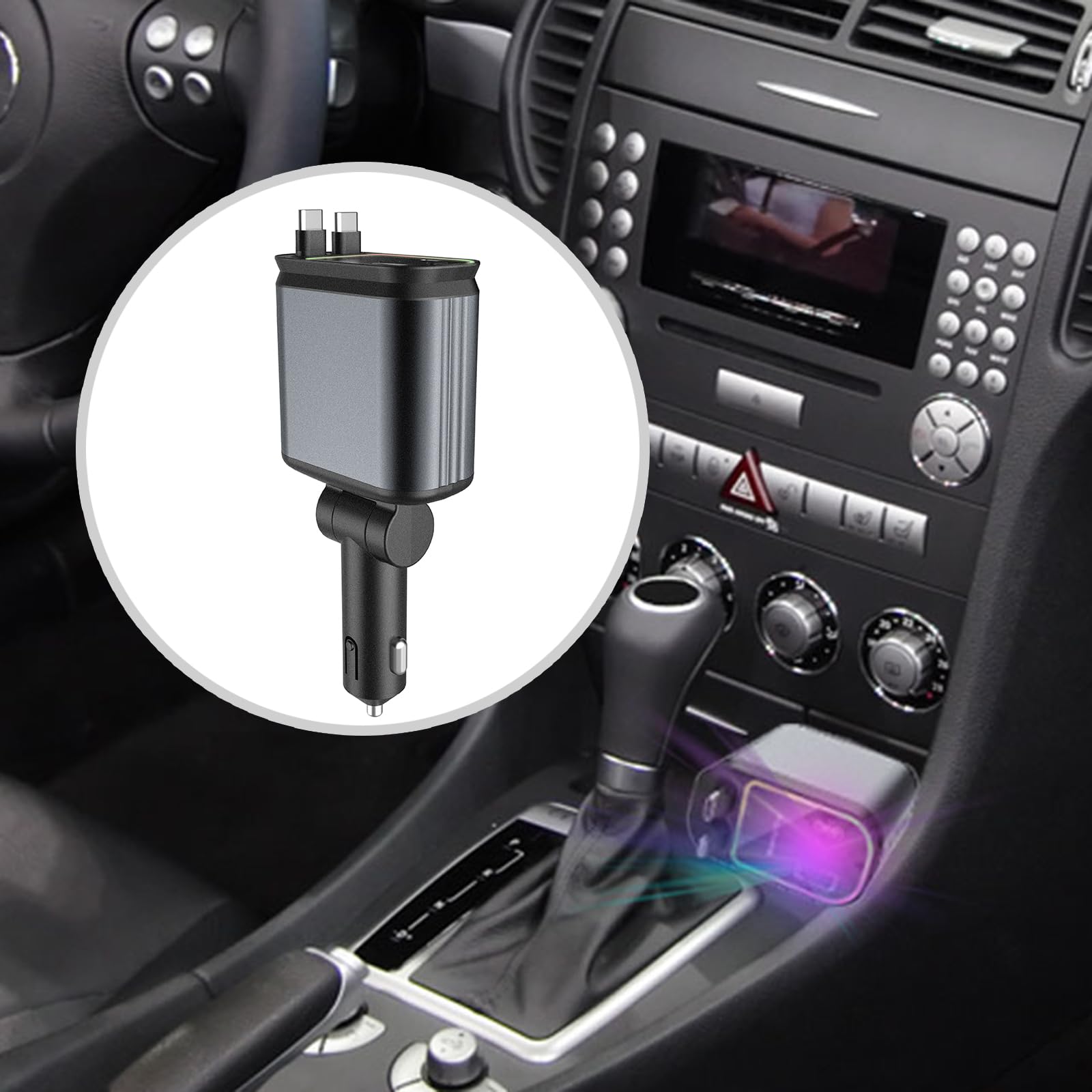 Adaptador ajustable de carga de coche de 180 grados con luz de proyector de estrellas doble USB C y USB un accesorio rápido