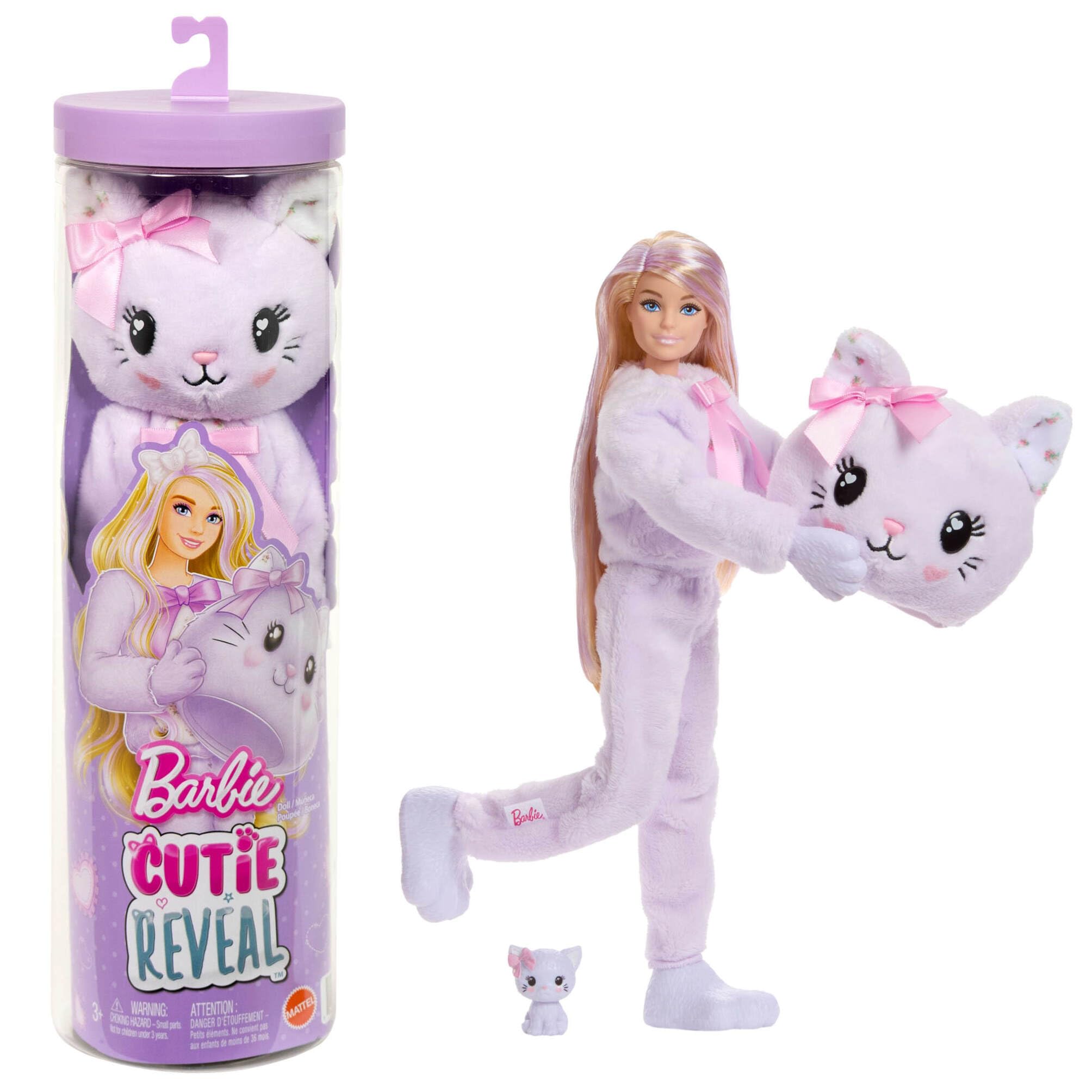 Barbie Cutie Reveal Doll & Accessories, Cuddly Series Kitten with 10 Surprises Including Color Change & Mini Pet, JJP64