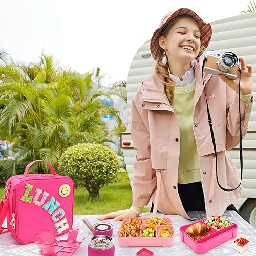 Miniatura 2 de Lonchera Bento para niños con tarro térmico de 10 onzas, recipientes de almuerzo a prueba de fugas con 6 compartimentos, bolsa de almuerzo de nailon