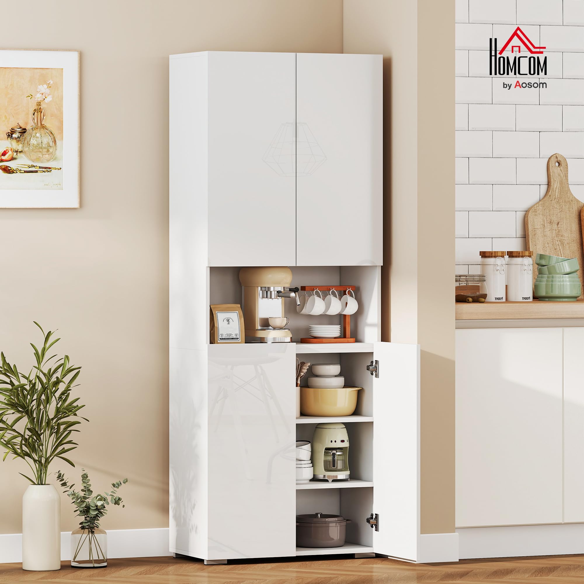 HOMCOM Küchenschrank Vorratsschrank Hochschrank mit Offenem Fach, 4 Türen, Verstellbaren Einlegeböden, Mehrzweckschrank mit Soft-Close-Funktion, für Esszimmer, Hochglanz Weiß 68x34x180cm