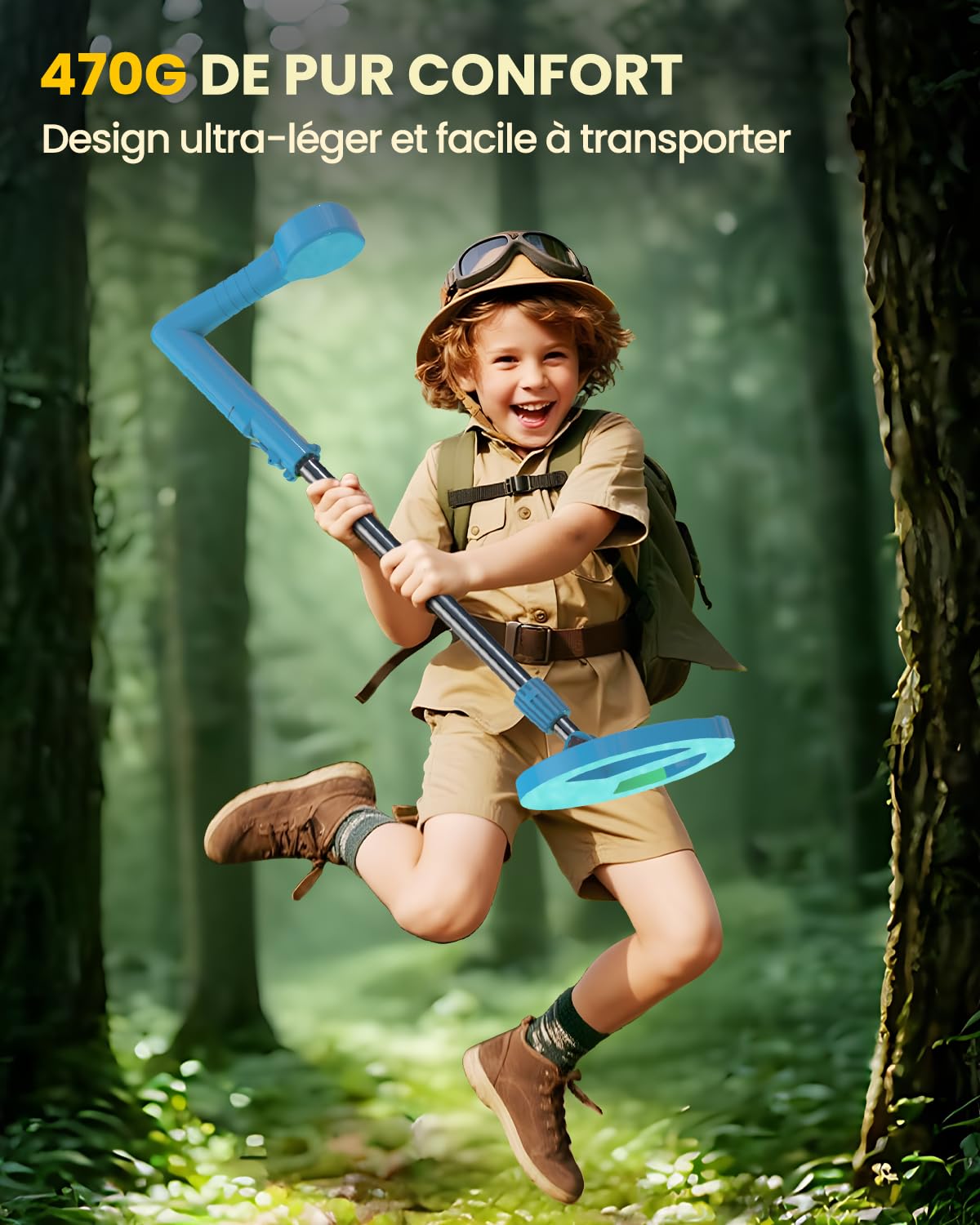GreenRex Metalldetektor Kinder, Für Kinder von 3–12 Jahren, 6CM HD LCD Display, Ton & Lichtsignale, 59–82CM höhenverstellbar, 10CM Präzision, 470g leicht, lehrreiches Outdoor-Set,Blau